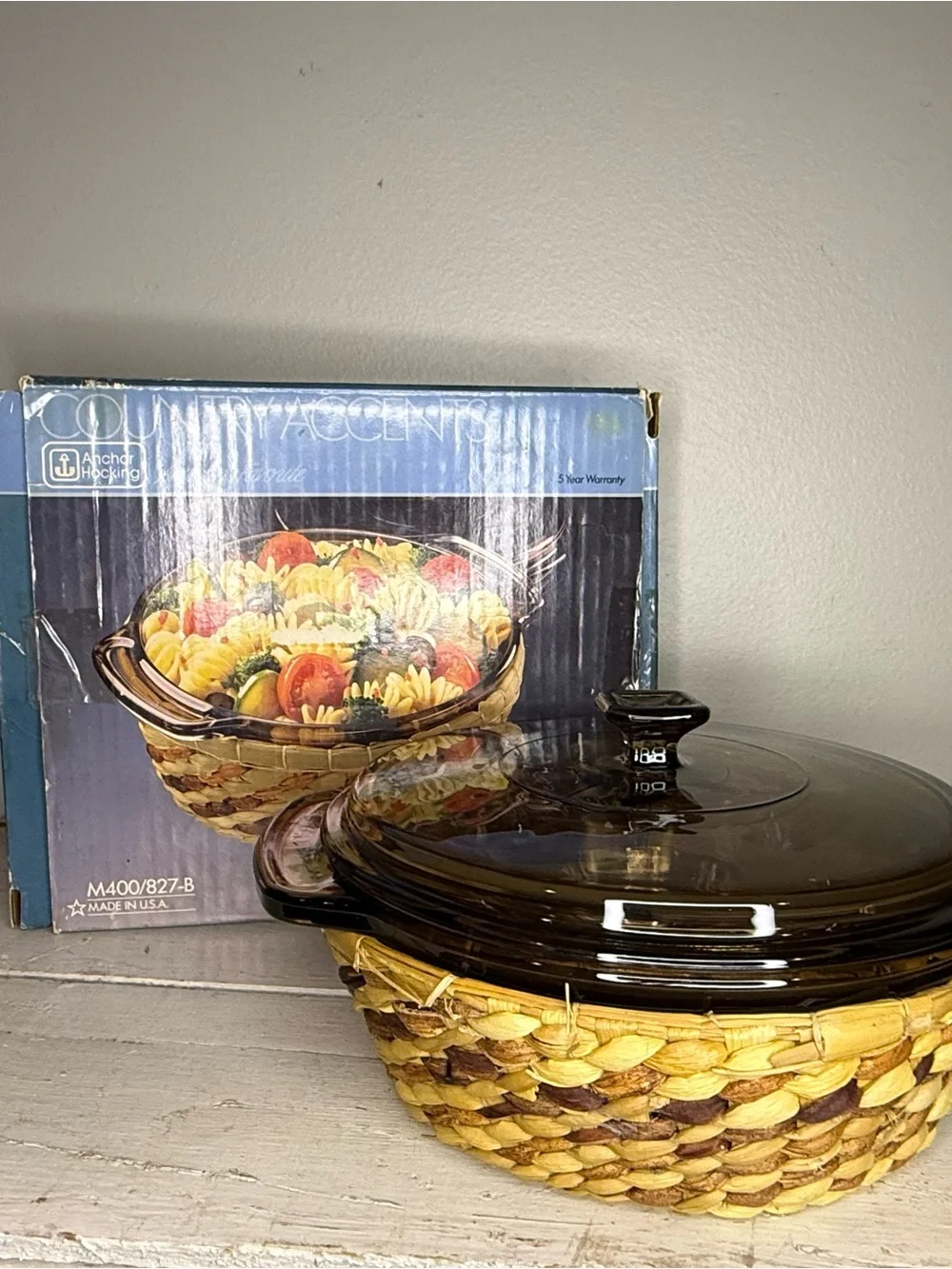 Vtg Anchor Hocking Basket Buffet Harvest Amber 1.5qt Casserole New in Box M400